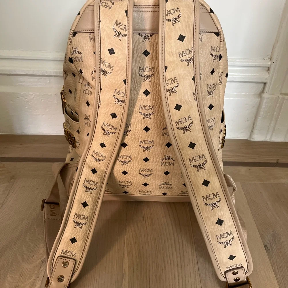 MCM Stark Side Studded Canvas Large Backpack Beige